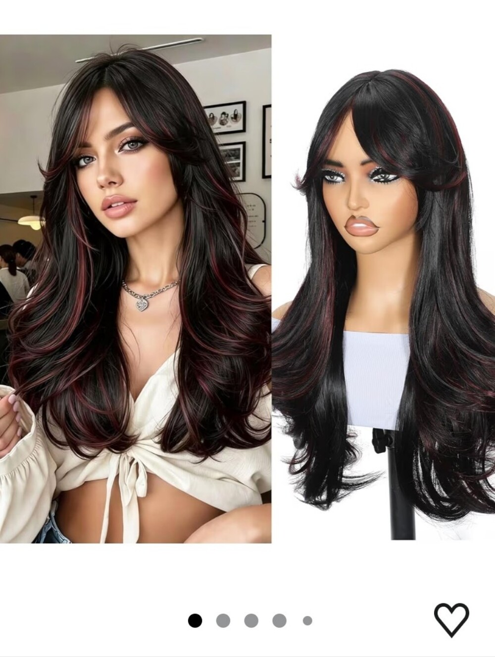 Black Mixed Burgundy Wavy Wigs with Curtain Bangs 26"